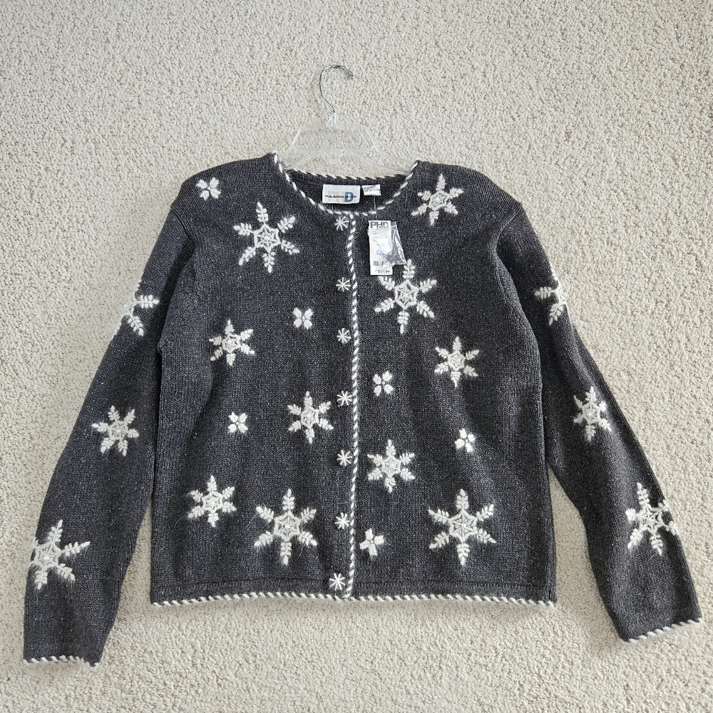 Vintage Christmas Cardigan Sweater Gray Snowflakes Winter Women L Paul Harris